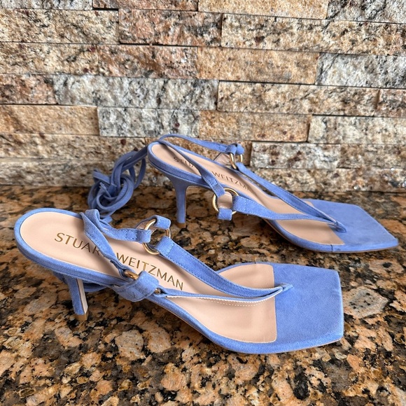 Stuart Weitzman Lalita 75 Womens Ankle Tie Heel Thong Sandal  Blue Suede - Picture 4 of 9